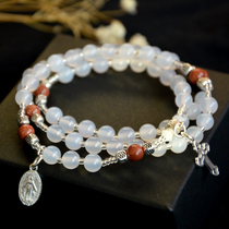 Rosary Bracelet Rosary Cross Our Lady of the Incarnation 6mm White Agate Sterling Silver Pendant Three-circle travel Rosary