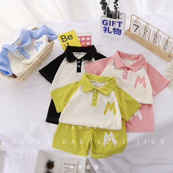 Children's POLO shirt suits new Korean version of Korean version color matching summer short -sleeved shorts lapel boys and girls casual sports sleeve