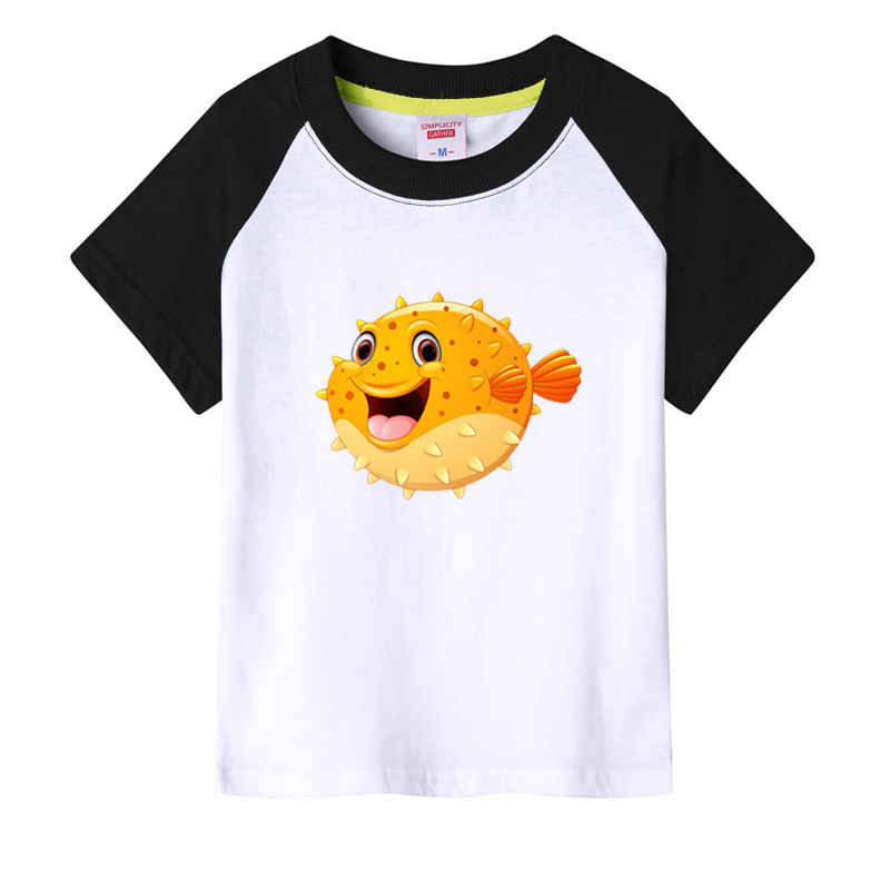 Pufferfish Pattern Printed Kidsren's T-Shirt Pure Cotton Short-Sleeved Summer Tops for Small and Medium-Sized Kidsren, Girls, Babies, Boys' Tops