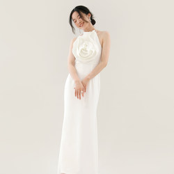 Tansshop pleated big flowers shape dress long skirt hanging neck straps white fishtail mop light wedding skirt