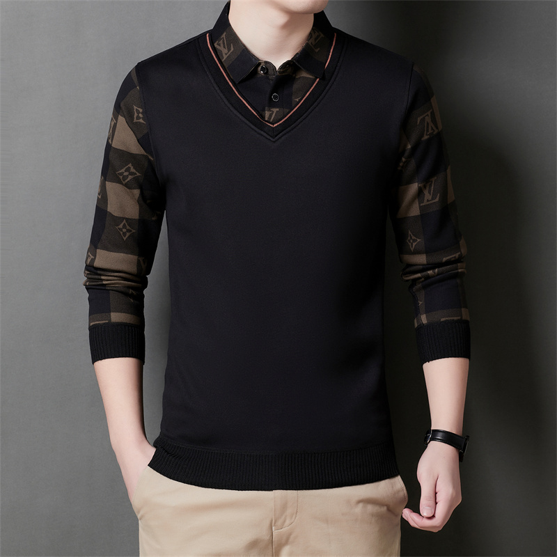 Jiuwu Lang Daddy's Autumn and Winter Clothing, Fake Two-Piece Sweater, Fleece-Lined and Thickened, Men's Thermal Clothing, Knitted Base Shirt, Plus Size
