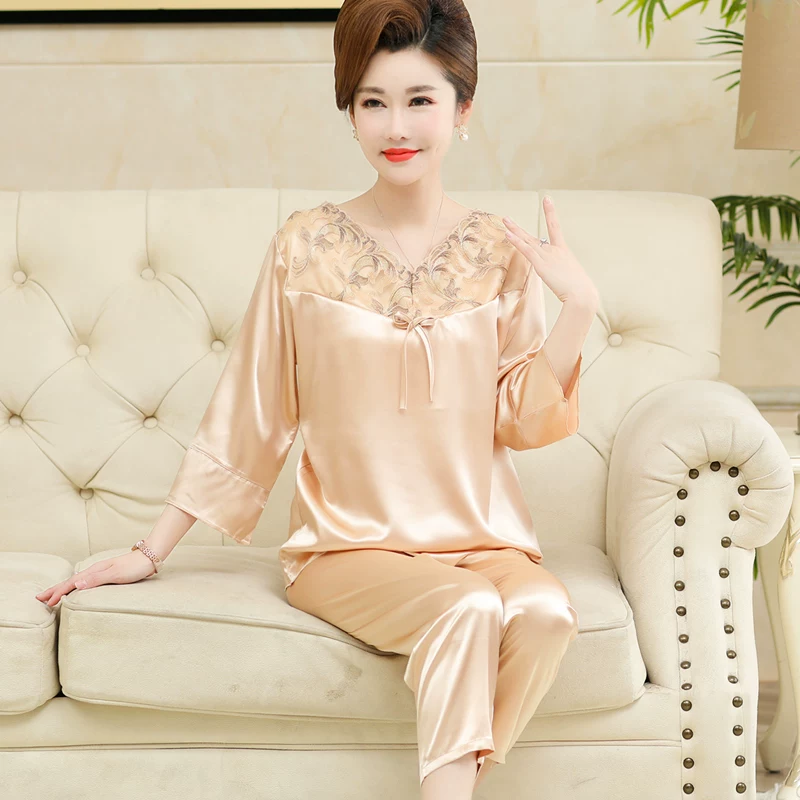 Silk pijama, summer thin long-sleeve, set, plus size