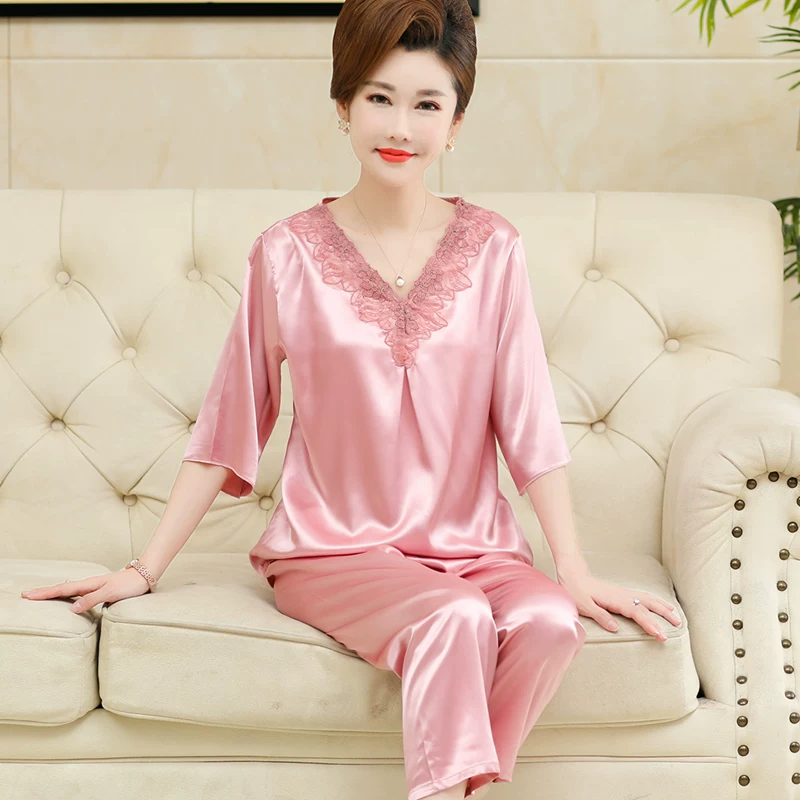 Silk pijama, summer thin long-sleeve, set, plus size