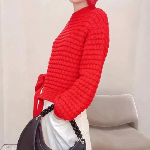 Красный атмосферный трикотажный осенний сексуальный свитер, круглый воротник