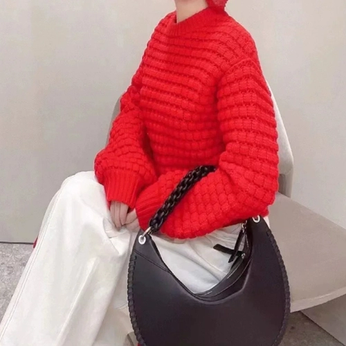 Красный атмосферный трикотажный осенний сексуальный свитер, круглый воротник