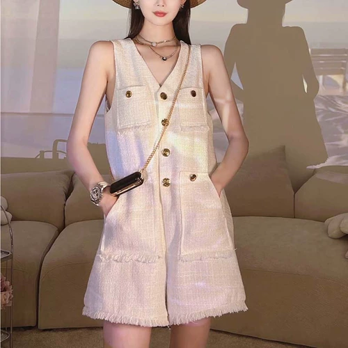 Летний комбинезон, летние сексуальные штаны без рукавов, в стиле Шанель, V-образный вырез