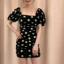 Girl style black chiffon dress 2021 new summer temperament goddess fan sexy French square collar fold skirt