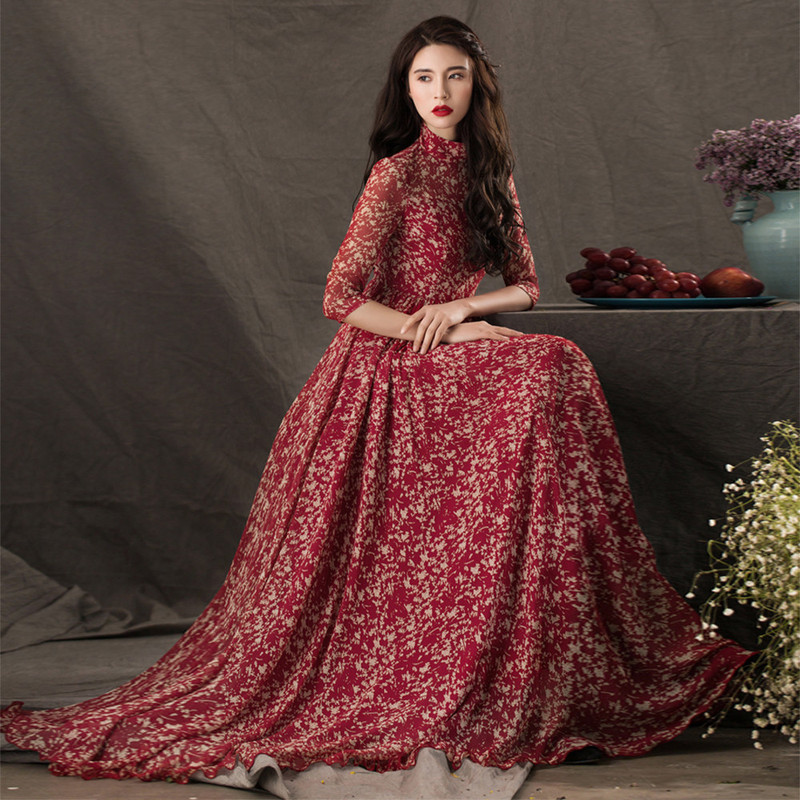 Stand Collar Floral Chiffon Dress for Women 2024 Early Spring New Style Three-Quarter Sleeves Waist Slimming French Long Dress for Women Summer