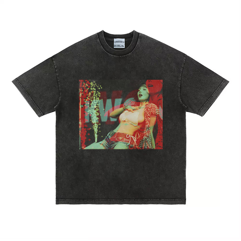 Kwon Eun Bi Water Bomb Music Festival Peripheral T-Shirt Heavy Cotton Distressed Small Neckline Loose Short Sleeves