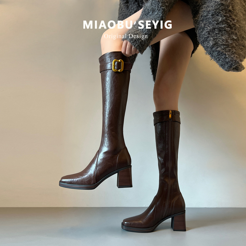 Cowhide Version ~ Genuine Leather Metal Buckle Thick-Soled Over-The-Knee Boots, Chunky Heel Long Boots, Women's High Boots, Slim Boots, Riding Boots