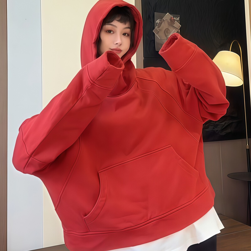 Red Hooded Long-Sleeved Sweatshirt Jacket for Women 2026 New Popular Autumn and Winter Loose and Lazy Style Super Nice Top