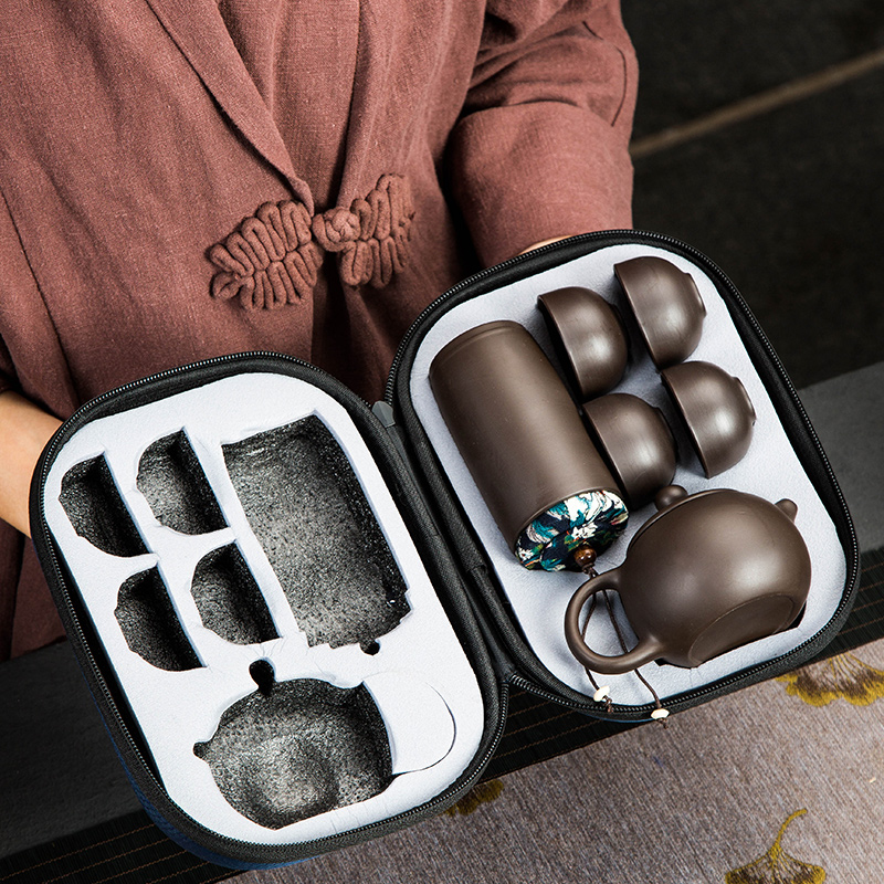 Violet arenaceous a pot of four cups of portable package travel tea set is suing crack cup travel xi shi pot of tea cups