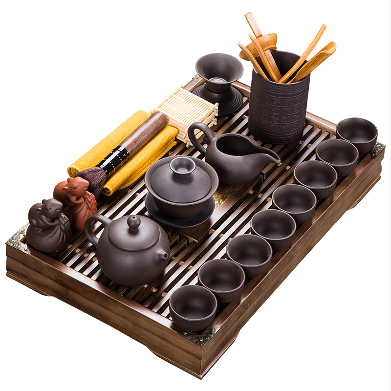 Glass tea set suit household contracted solid wood tea tray was red ceramic teapot teacup modern kungfu tea set