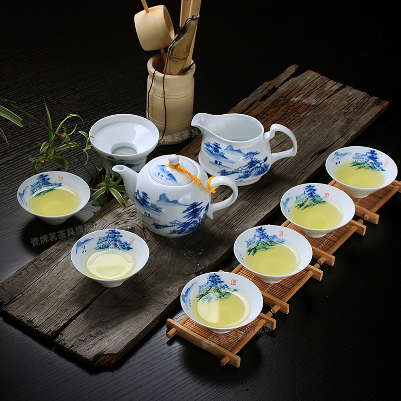 High white hand - made thin body of blue and white porcelain tea set suit household ceramics of a complete set of kung fu tea teapot teacup under glaze color
