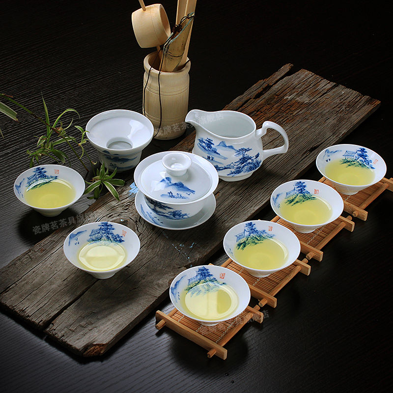 High white hand - made thin body of blue and white porcelain tea set suit household ceramics of a complete set of kung fu tea teapot teacup under glaze color