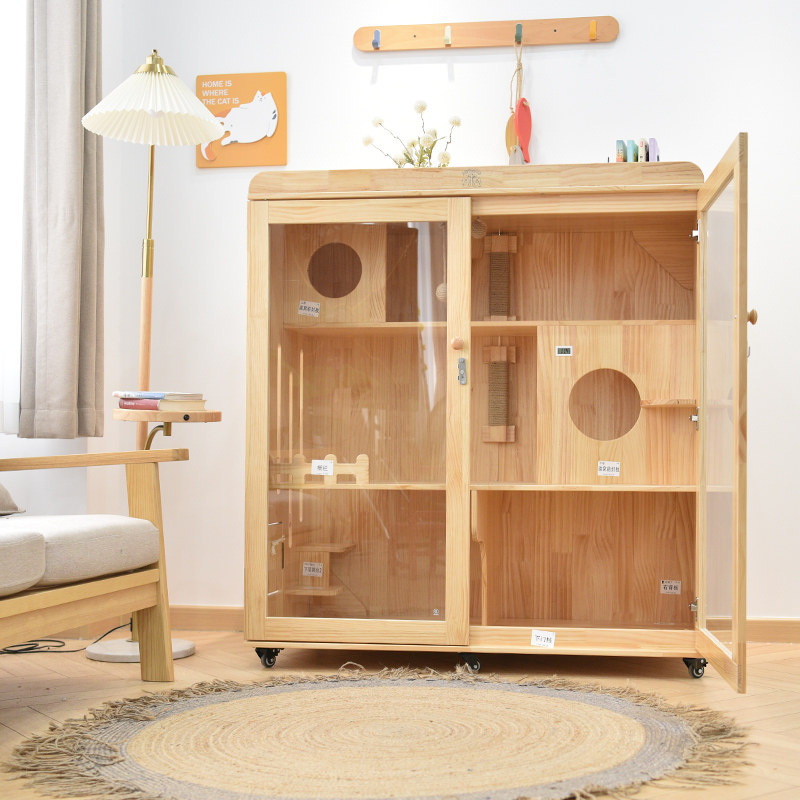 Eco-friendly Solid Wood Pet Cat Villa Home Indoor Cat House Luxury Glass House Space Triple Cat House Cat Cage-Taobao