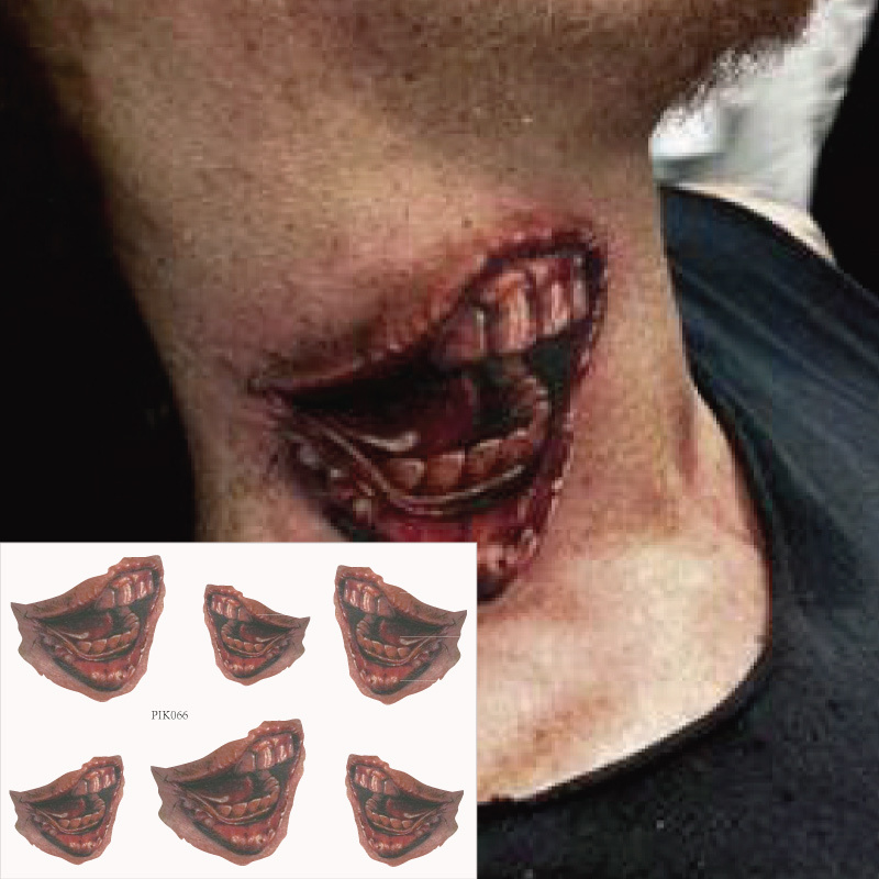 Halloween 3D Stereo Horror Funny Stylish Neck Arm Scars Big Mouth Tattoo Stickers Waterproof and Long-Lasting P066
