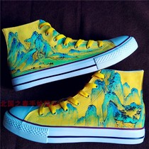 Pull-back canvas shoes for men and women high-tops modified Chinese-style green landscape painting joint models student graffiti hand-painted shoes
