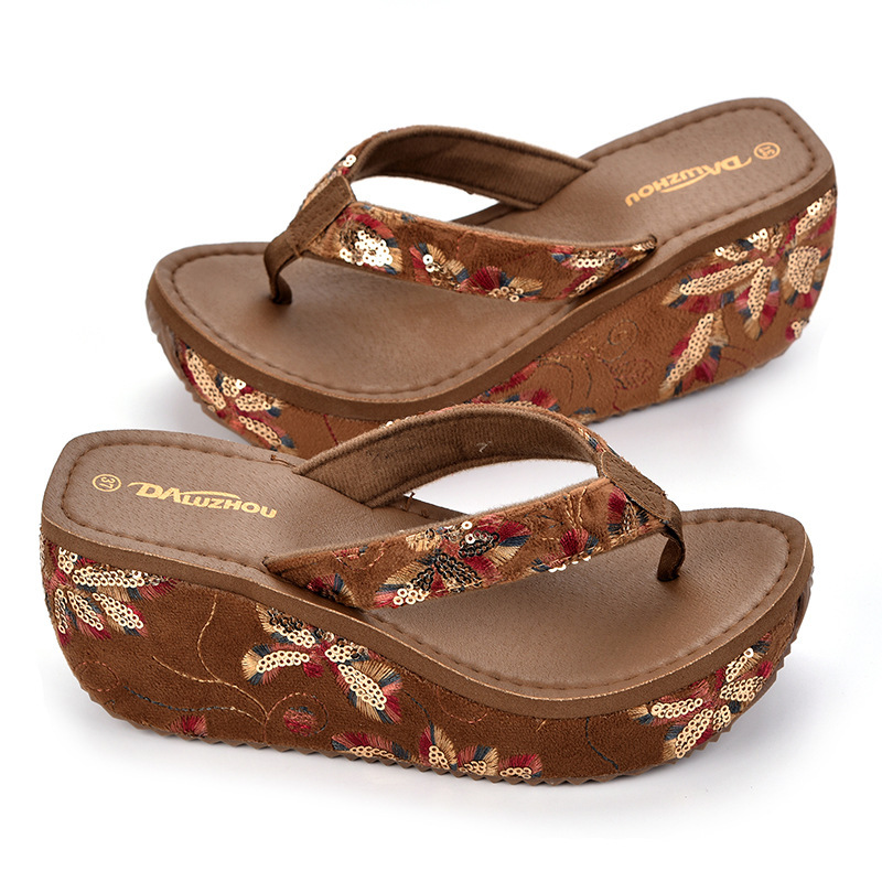 High-Heeled Flip-Flops for Women, Sequined Outer Wear, Summer Beach Shoes, Wedge Heels, Thick Soles, Non-Slip, Bohemian Flip-Flops