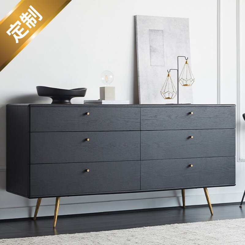 Nordic bedroom six drawers solid wood drawer light luxury storage cabinet black retro simple living room dining cabinet can be customized
