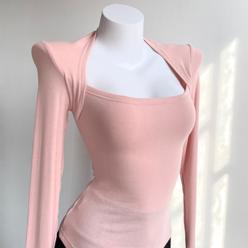 Soft and gentle long-sleeved women's Hepburn-style retro square neck stretch slimming inner layer elegant ballet style dance practice clothes