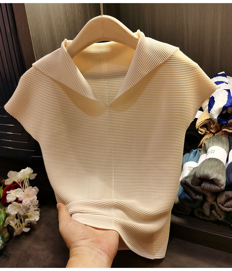 Áo thun cổ chữ V xếp ly dáng ôm thanh lịch nữ — Màu xanh lam nhạt, Màu xanh lục, Màu đen, Màu cam chi tiết 7