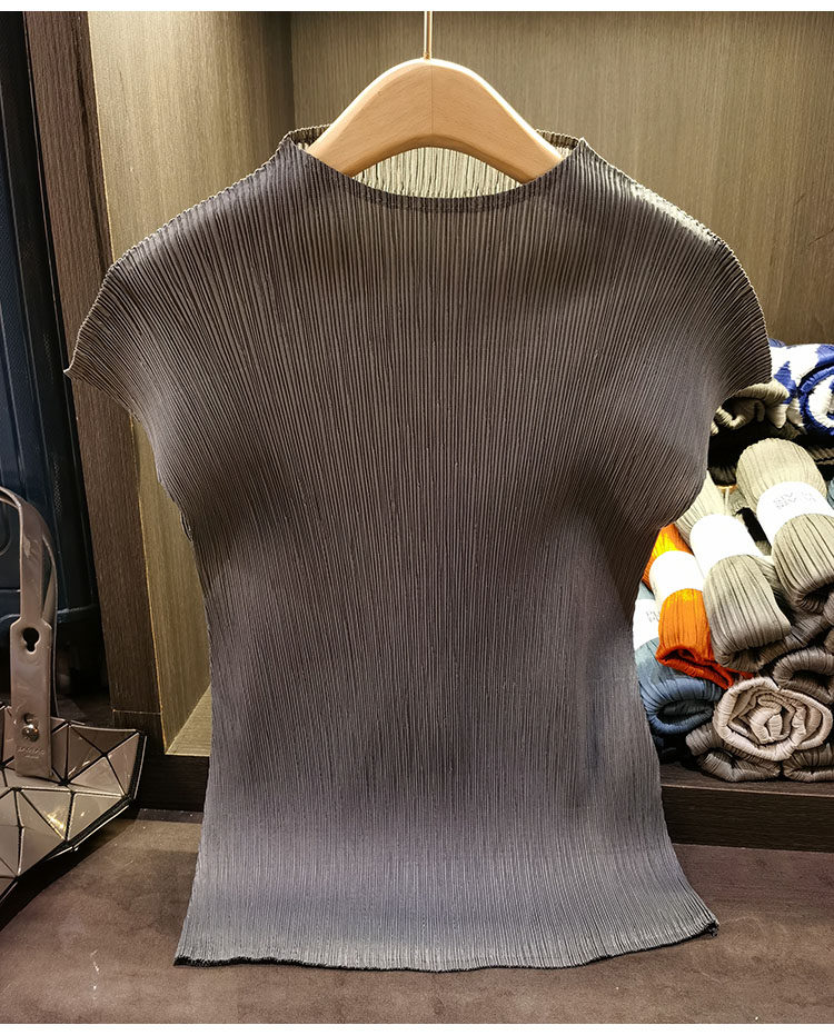 Áo thun nữ cổ đứng xếp li tay ngắn dáng ôm nhẹ mùa hè — Đỏ rượu, Đỏ cam, Màu xanh lam, Xám nhạt chi tiết 38