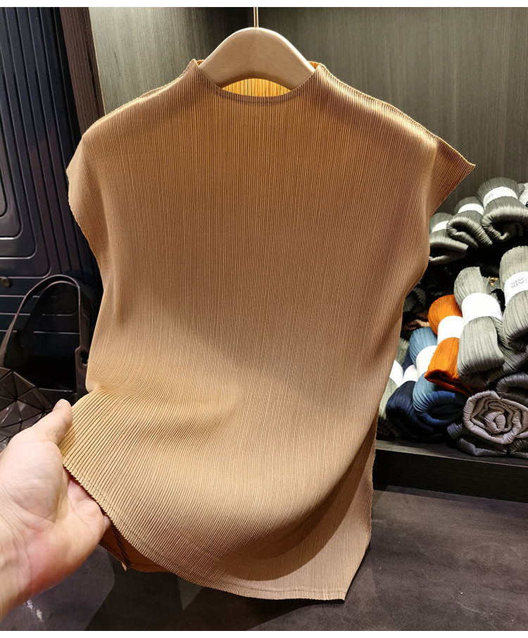 Áo thun nữ cổ đứng xếp li tay ngắn dáng ôm nhẹ mùa hè — Đỏ rượu, Đỏ cam, Màu xanh lam, Xám nhạt chi tiết 19