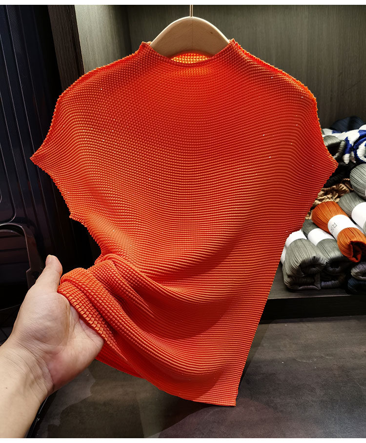 Áo phông nữ cổ đứng nhỏ xếp ly hạt ngô, chất liệu co giãn thoáng khí mùa hè — Xanh lam nhạt, Đỏ rượu, Màu cam, Màu xám khói chi tiết 35