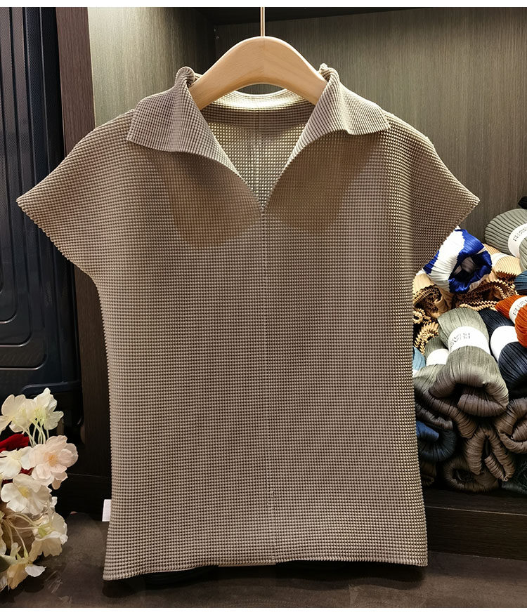 Áo thun cổ chữ V xếp ly dáng ôm thanh lịch nữ — Màu xanh lam nhạt, Màu xanh lục, Màu đen, Màu cam chi tiết 15