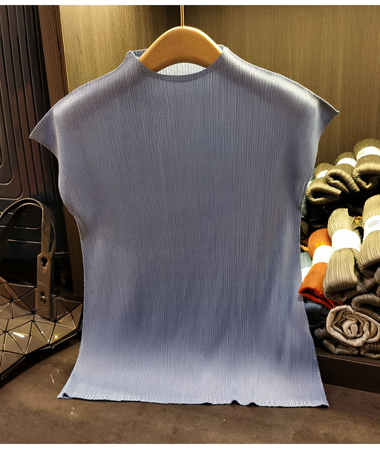 Áo thun nữ cổ đứng xếp li tay ngắn dáng ôm nhẹ mùa hè — Đỏ rượu, Đỏ cam, Màu xanh lam, Xám nhạt chi tiết 17
