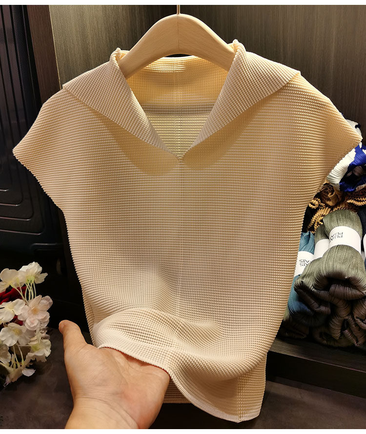 Áo thun cổ chữ V xếp ly dáng ôm thanh lịch nữ — Màu xanh lam nhạt, Màu xanh lục, Màu đen, Màu cam chi tiết 11