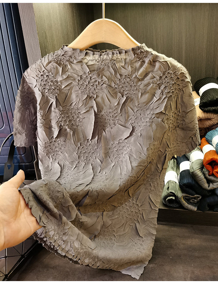 Áo thun nữ cổ đứng xếp ly thêu hoa thủ công mỏng nhẹ mùa hè — Màu đen, Màu hồng, Màu xám, Màu mơ chi tiết 22