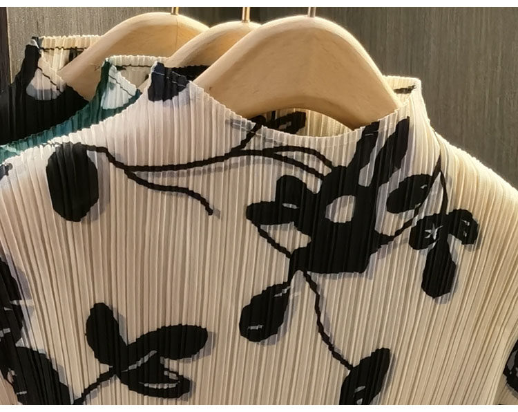 Đầm maxi nữ cổ đứng tay ngắn in họa tiết xếp ly xẻ tà — Màu đen, Màu xanh lá, Màu mơ chi tiết 25