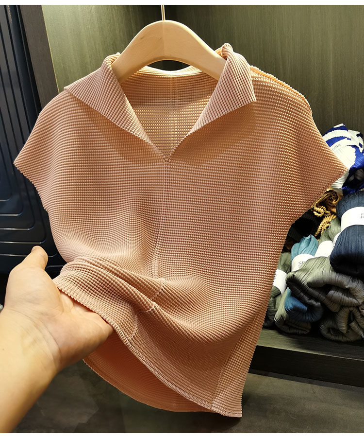 Áo thun cổ chữ V xếp ly dáng ôm thanh lịch nữ — Màu xanh lam nhạt, Màu xanh lục, Màu đen, Màu cam chi tiết 32