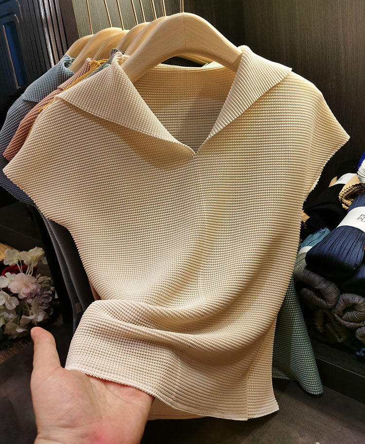 Áo thun cổ chữ V xếp ly dáng ôm thanh lịch nữ — Màu xanh lam nhạt, Màu xanh lục, Màu đen, Màu cam chi tiết 3