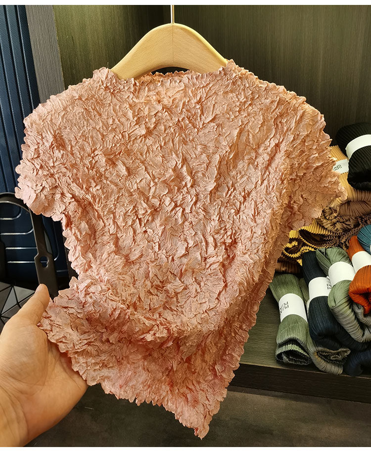 Áo thun ngắn tay cổ đứng xếp ly phong cách Nhật Bản dành cho nữ — Tím hoa cà, Màu đen, Màu hồng, Màu xanh đậm chi tiết 21