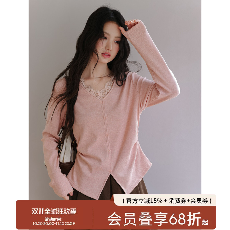 Aiqiwei Plus Size Lace Patchwork V-Neck T-Shirt for Women 2026 New Autumn Base Shirt High-End Pink Top Aiqiwei Plus Size Lace Patchwork V-Neck T-Shirt for Women 2026 New Autumn Base Shirt High-End Pink Top