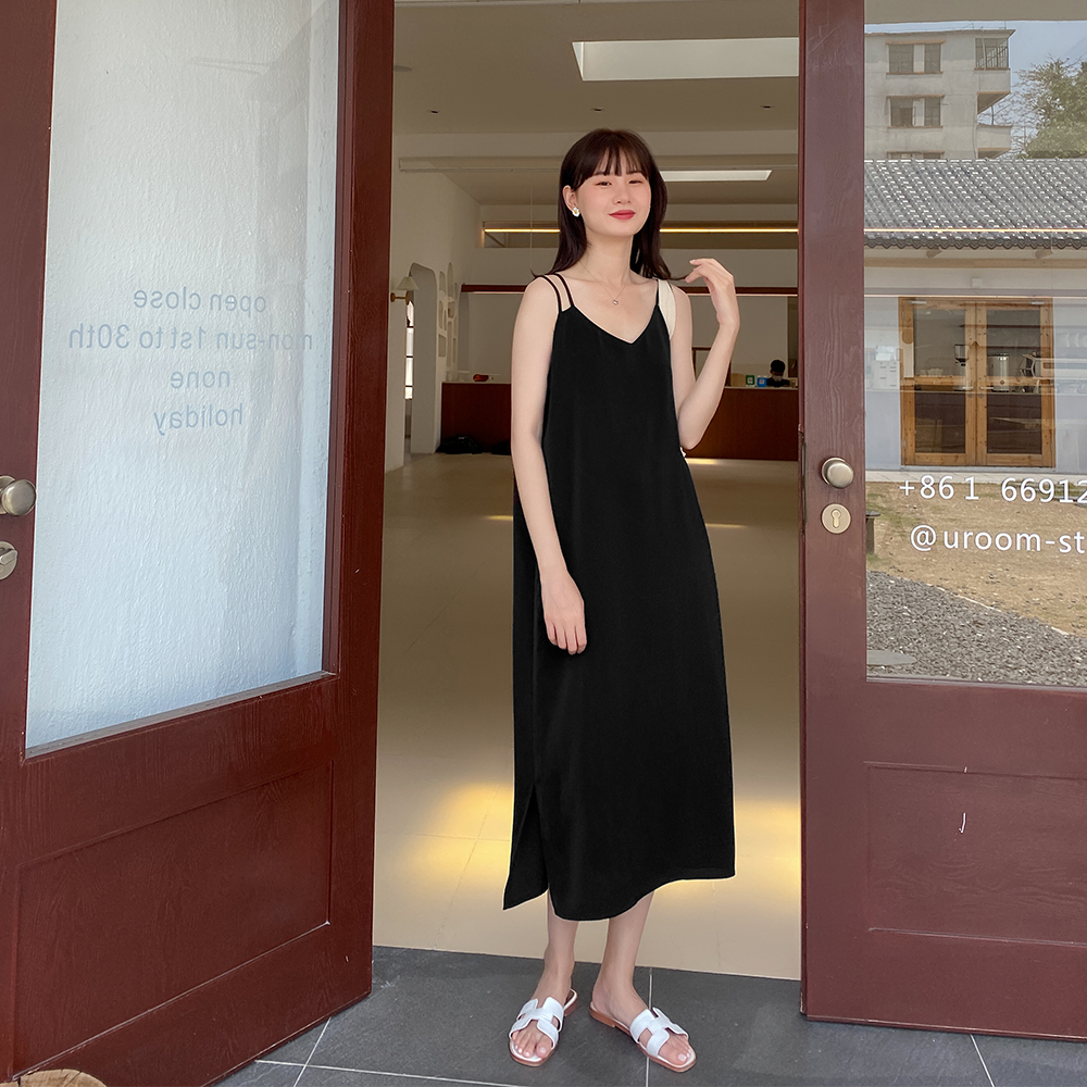 Love rose large size suspender skirt cold wind small black dress female summer temperament fairy collarbone skirt French long dress