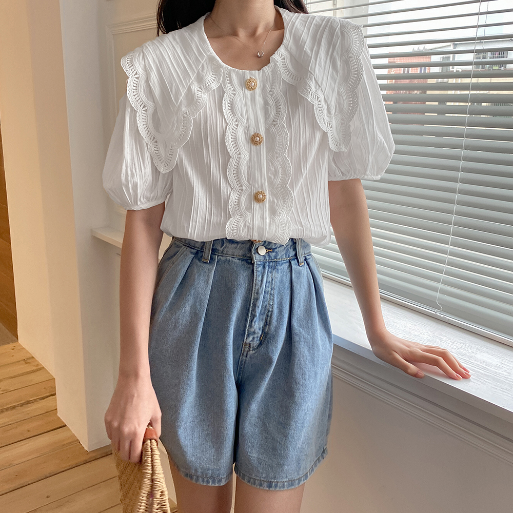 Rose Weiwei Large size Size Folds Shirt Women's Bubble Sleeves Small Shirts Foreign Pie of Salt Dresses Dresses Taste Summer Dress Dolls Collar Shirts