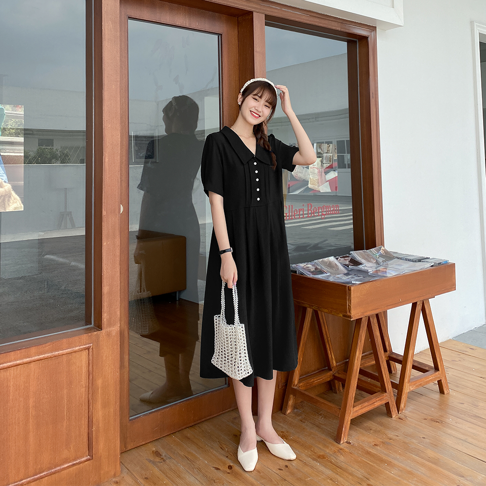 Love Rosaceae Big size to turn over the ocean with high waist a word plexeplexen slim female summer pop Hepburn Little Black dress Long version