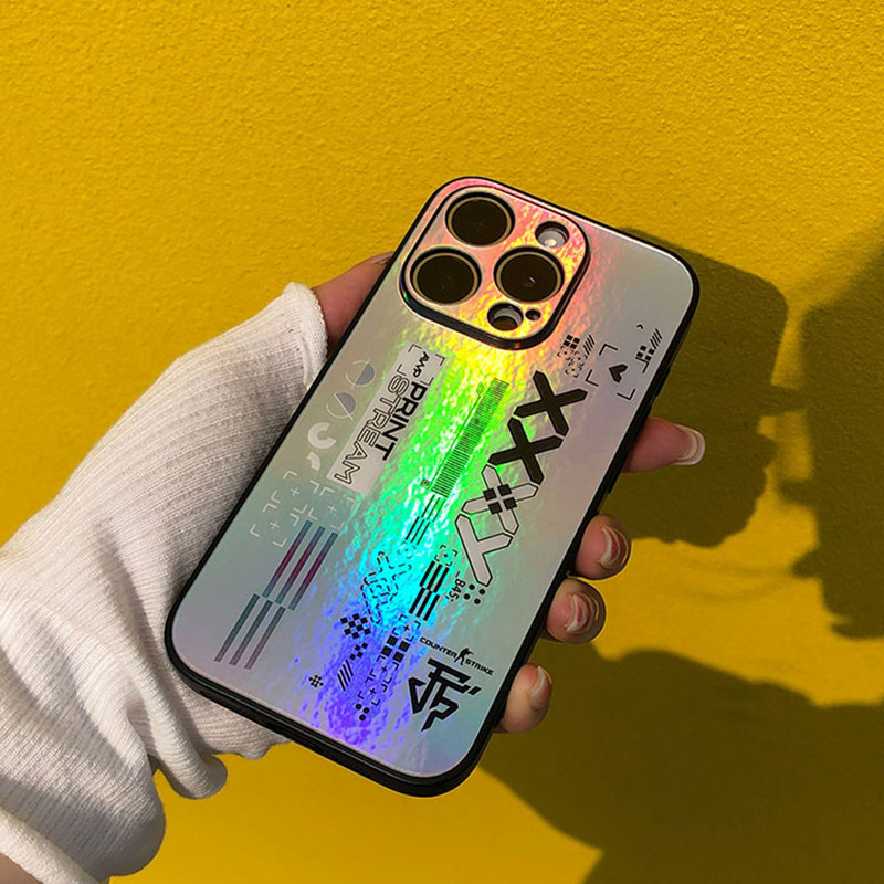 Printed Laser Glass Phone Case with Gradient Csgo Design, Suitable for Android and iPhone 17 Pro, Creative Color-Changing Black Border Printed Laser Glass Phone Case with Gradient Csgo Design, Suitable for Android and iPhone 17 Pro, Creative Color-Changing Black Border