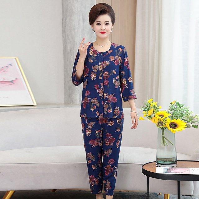 Middle-aged and elderly women's artificial cotton silk mid-sleeve nine-point sleeve suit fat old man large size grandma mother cotton silk clothes summer