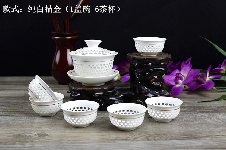Màu xanh và trắng sứ nhỏ rỗng Linglong bộ trà gốm tổ ong bao gồm bát trà bộ hoàn chỉnh của bộ trà Kung Fu nhà bộ ấm trà đẹp