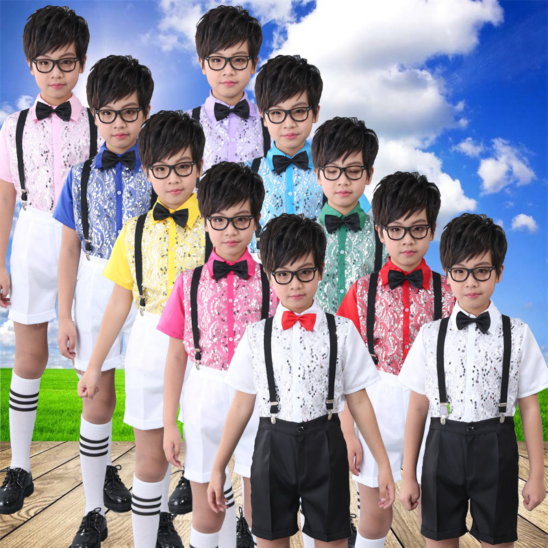 Boys kindergarten primary school students chorus sequins short sequins holding baby bag pants performance clothes hosting red, yellow, green and white