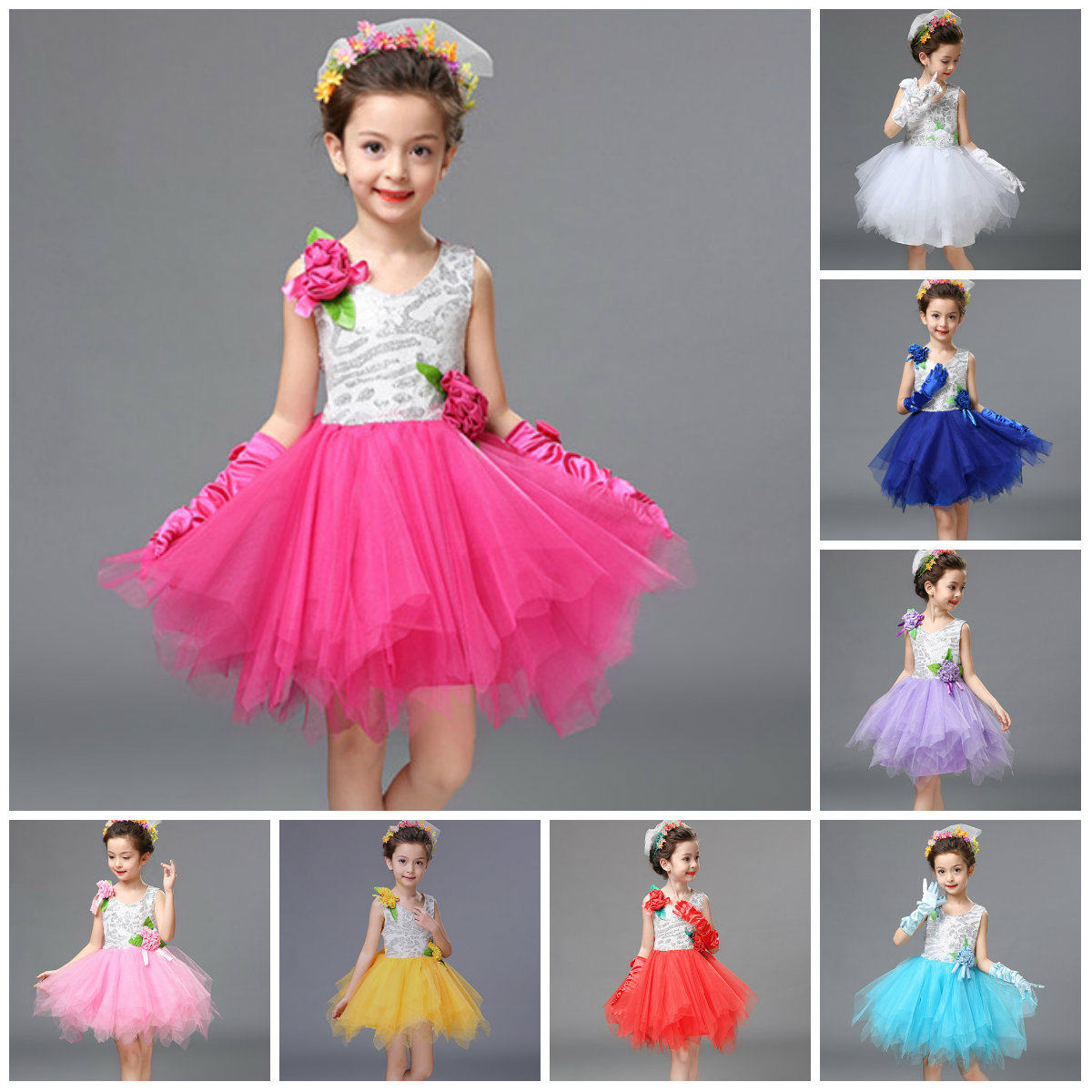 Student girls Princess bright dress dress and gauze leaf skirt child hosts performances dance dress red green