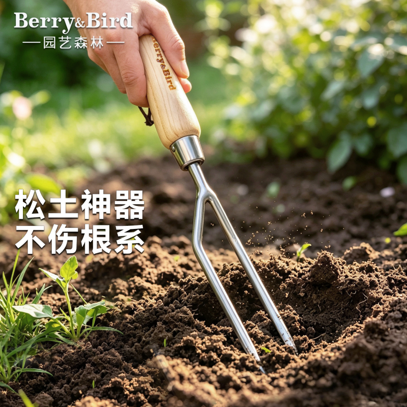 Berry&Bird Gardening Tool Two-Tine Fork Stainless Steel Garden Soil Loosening and Breaking Tool for Transplanting Plants Double-Tine Fork