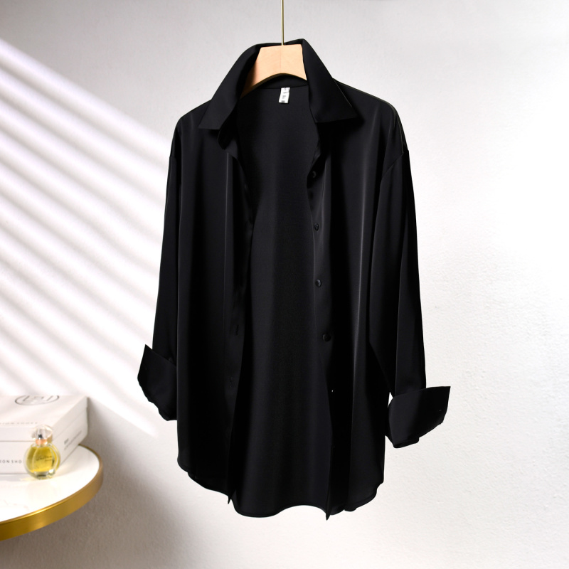 Damei Pearlescent High-End Draped Imitation Acetate Satin Shirt for Women, Loose and Lazy Style, Fashionable and Stylish Black Shirt Damei Pearlescent High-End Draped Imitation Acetate Satin Shirt for Women, Loose and Lazy Style, Fashionable and Stylish Black Shirt