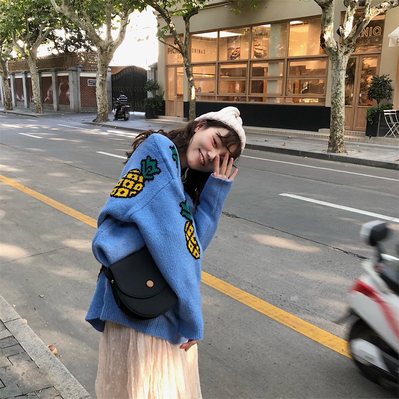VK旗艦店 韓國風寬鬆圓領菠蘿毛衣長袖上衣