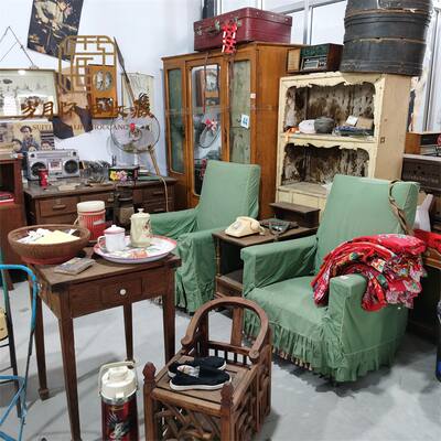Nostalgic household appliances and old items from the 1980s: refrigerators, washing machines, wardrobes, and tea sets